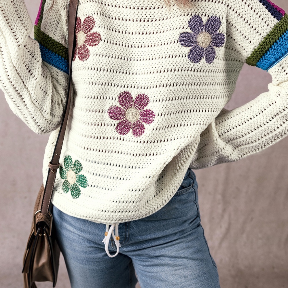 B128 White Daisy Flower Pointelle Knit Sweater - Picture 2 of 4